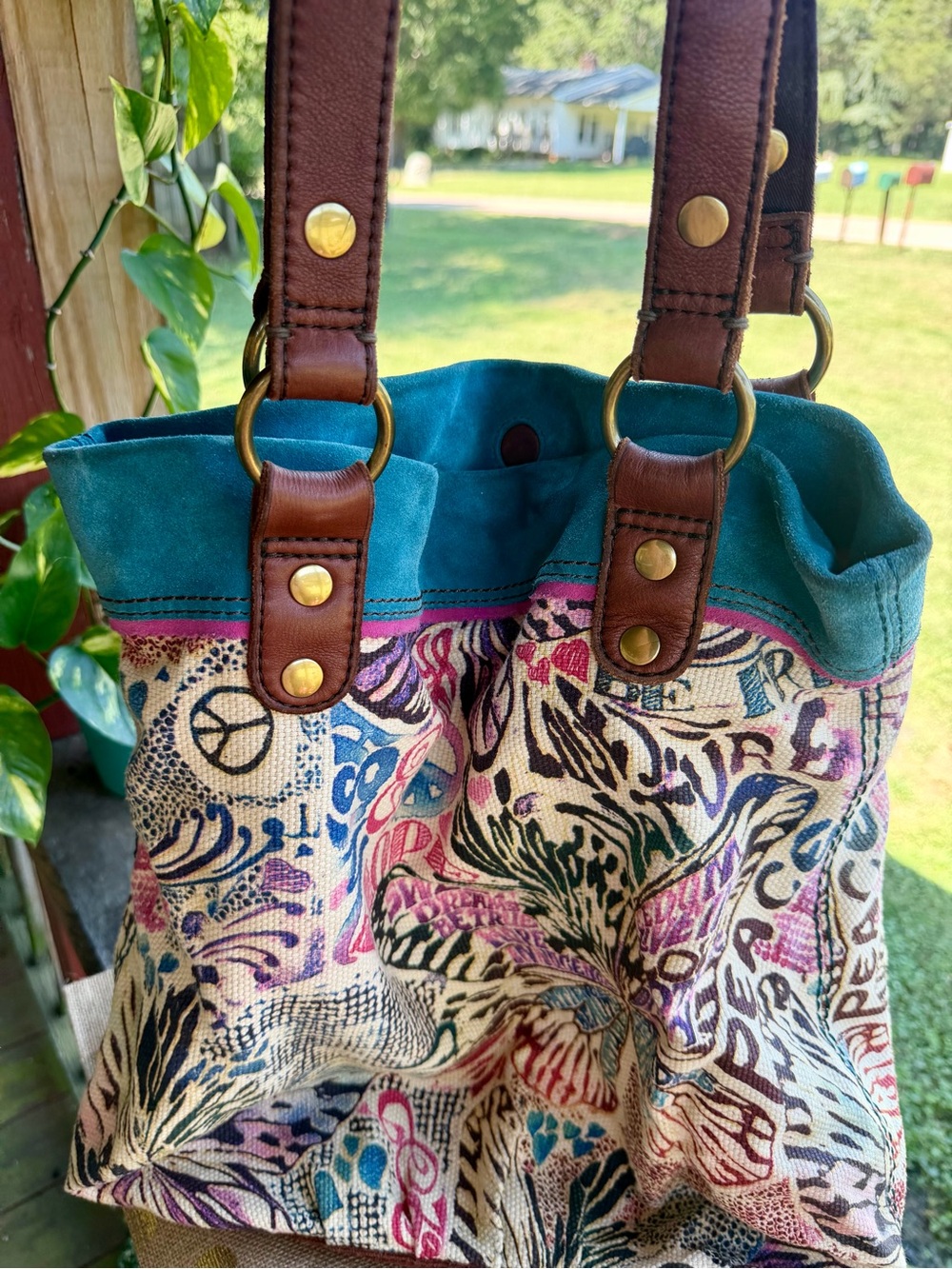 Lucky Brand Teal-Trim Multicolor Printed Canvas Tote w/Brown Leather Straps ~Y2K
